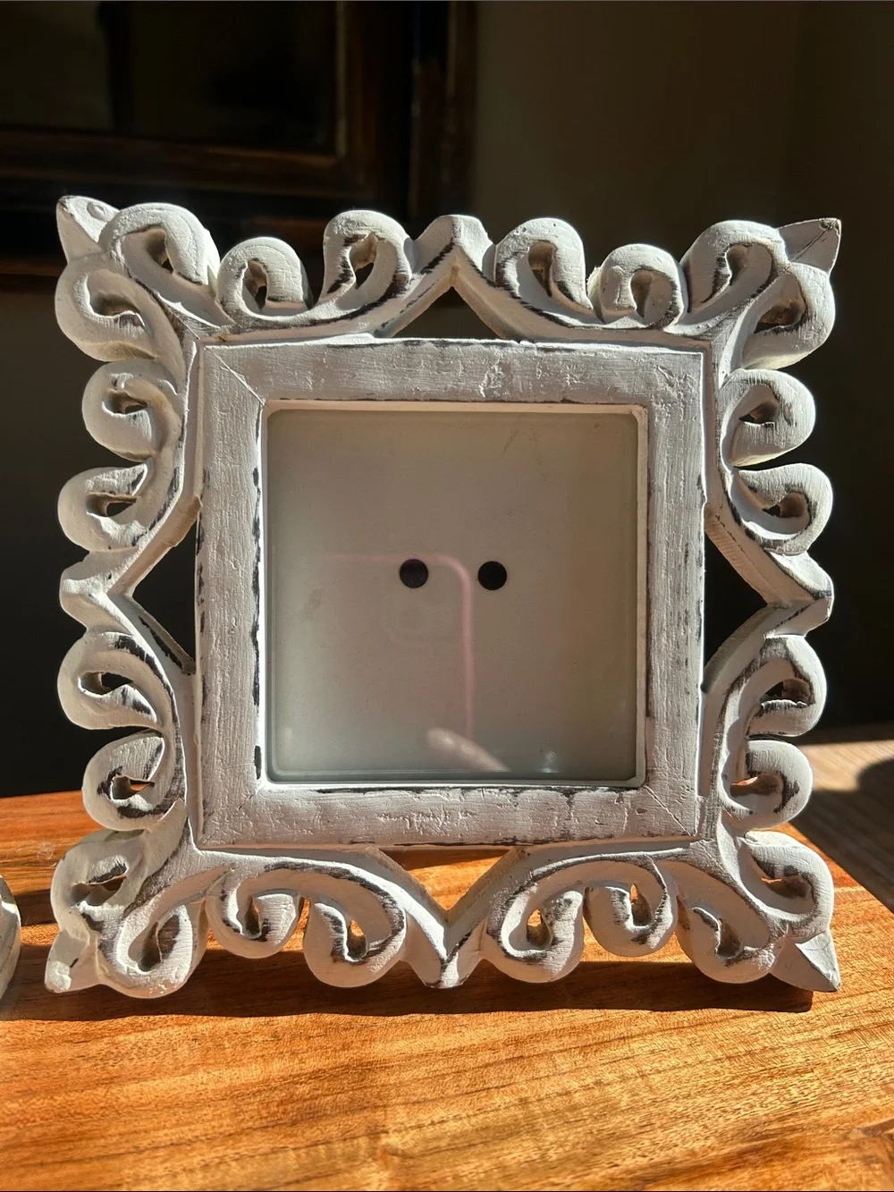 Carved Wood Candlestick & Matching Ornate Square Picture Frame Set